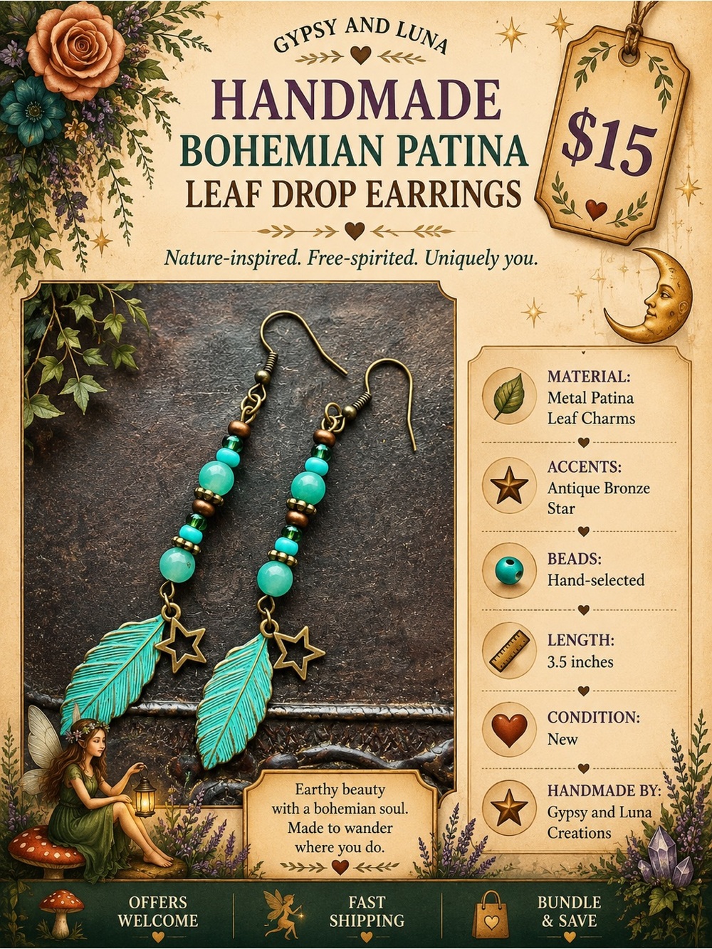 Bohemian Patina Leaf Drop Earrings Handmade